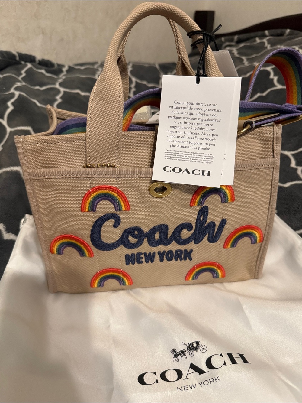 Coach Beige Canvas Tote with Rainbow Embroidery and Navy Logo